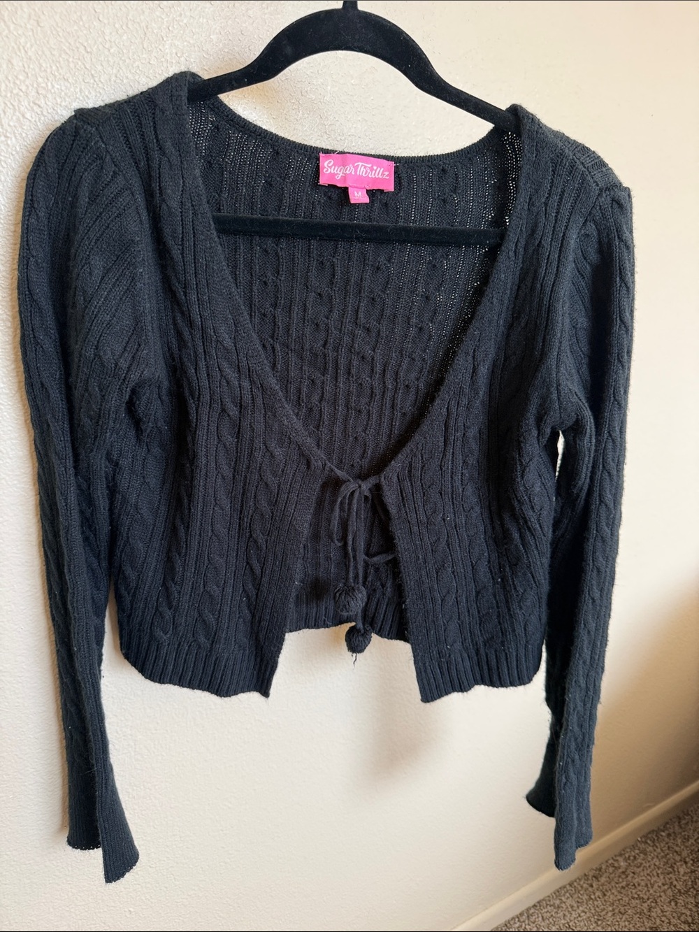 Sugar Thrillz Black Cropped Cable-Knit Tie-Front Sweater